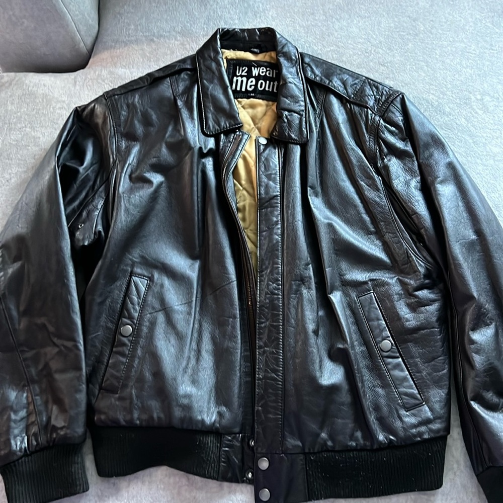 Brown U2 Wear Me Out leather bomber coat. Medium